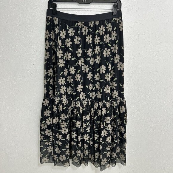 Easel Floral Tiered Ruffle Midi Skirt Chiffon Size L Lined Black Gray Boho Fairy - Picture 1 of 12